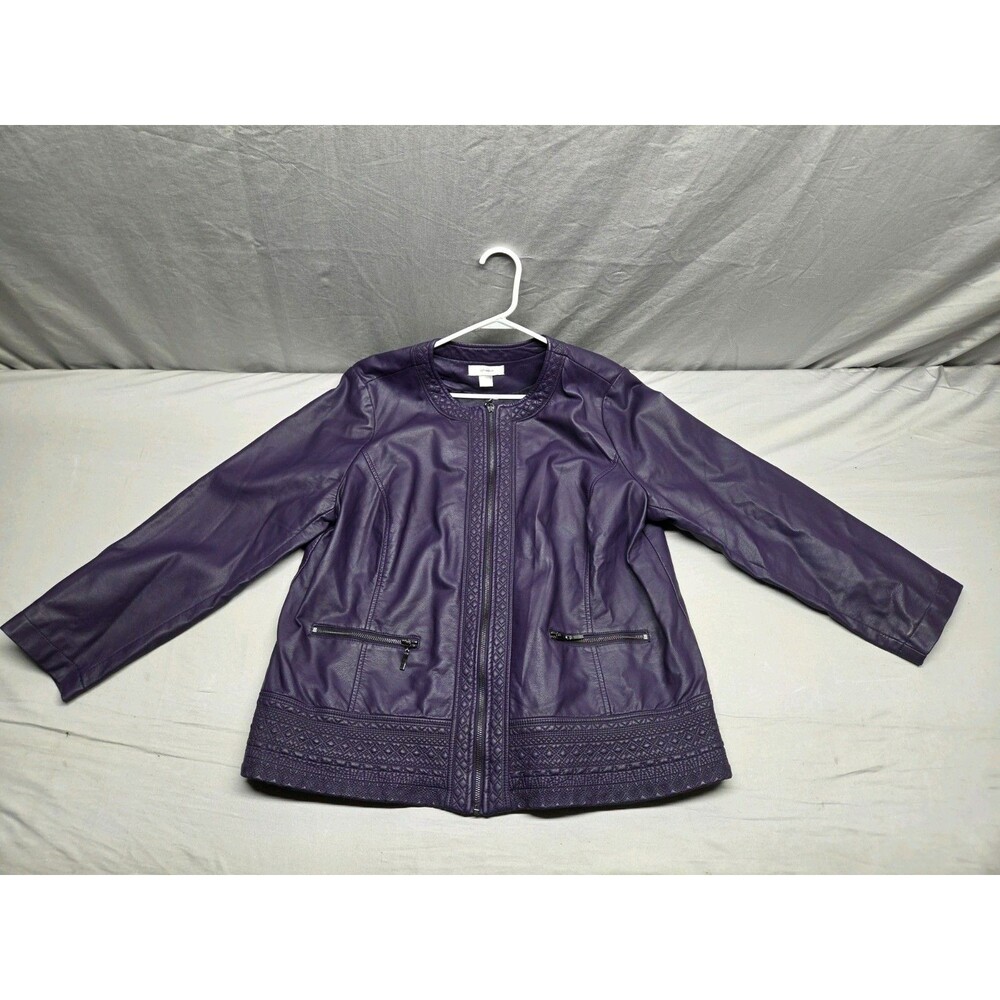 CJ Banks Jacket Womens 1X Purple Vegan Faux Leather Moto Zip Front